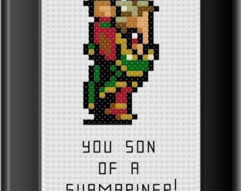 May include: A pixelated image of a character from a video game, with the text "YOU SON OF A SUBMARINER!" below it.