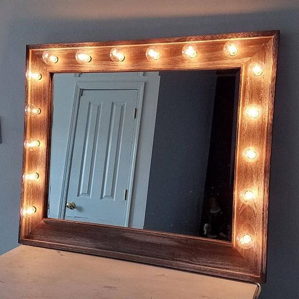 Large Light Up Wood Vanity Makeup Mirror Plug In Hollywood Lights