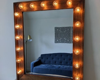 Large Mahogany Vanity Mirror Dark Driftwood Lights Hollywood Beauty Makeup Room