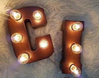 Rust Color Distressed Small Metal Vintage Light Up Marquee Bulbs Sign Letters