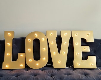LOVE Gold Metal Light Up Plug In Letter Lights Marquee Wedding Sign