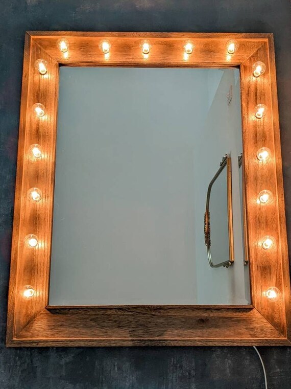 Wooden makeup on sale mirror with lights
