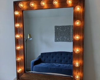 Light Up Vanity Mirror Plug In Dark Wood Beauty Makeup Room Hollywood Bulbs Electric