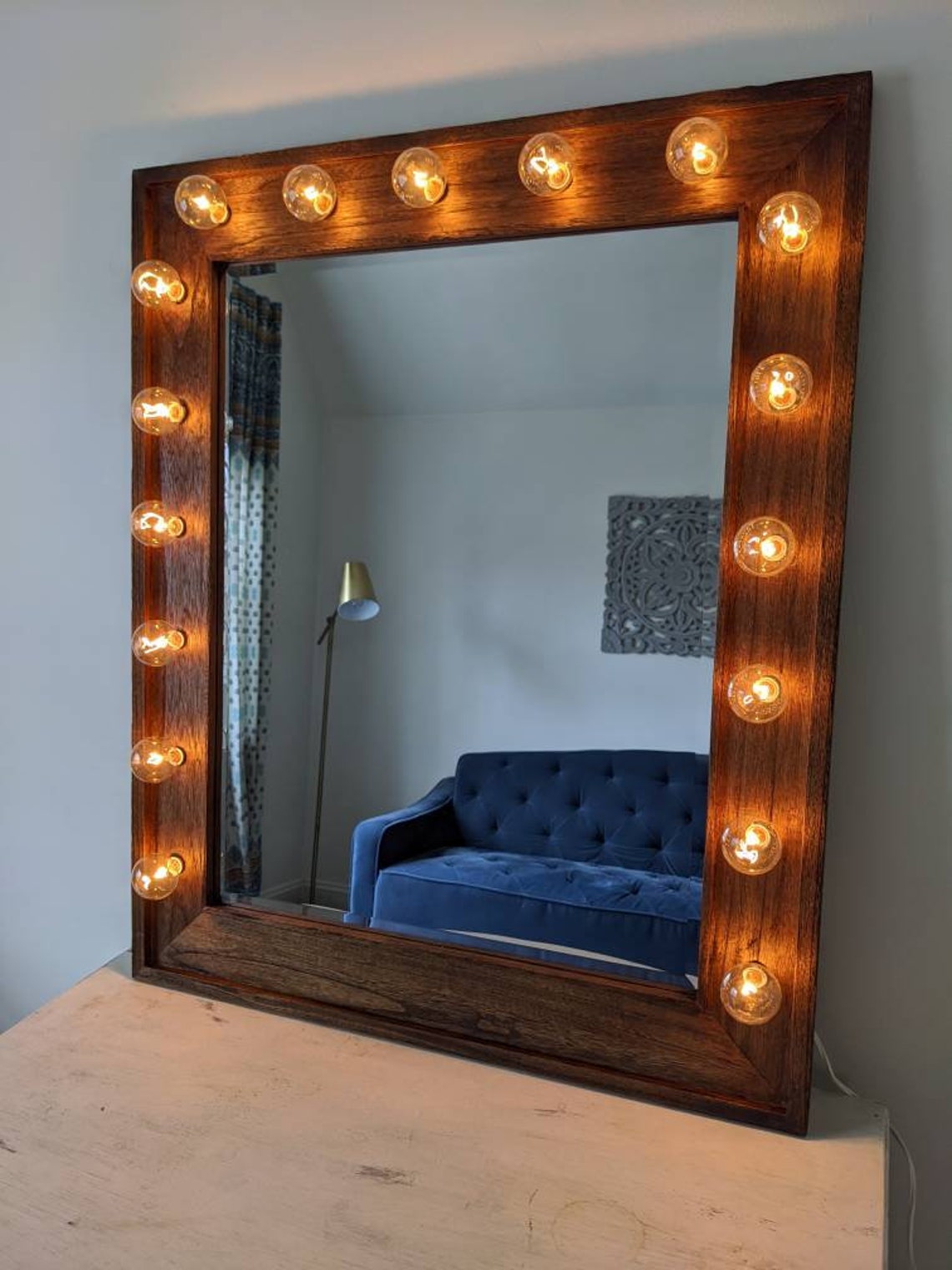 Light Up Vanity Mirror Dark Wood Beauty Makeup Room Hollywood Etsy