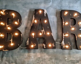 Large BAR Black Metal Light Up Marquee Letters Decor Lighted Bulbs