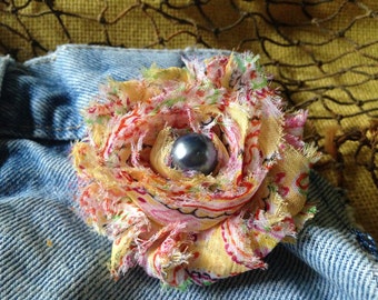 Yellow, Shabby Flower Hair Clip with Pearl accent