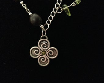 Pewter "Believe" pendant, black, green stones, silver chain necklace