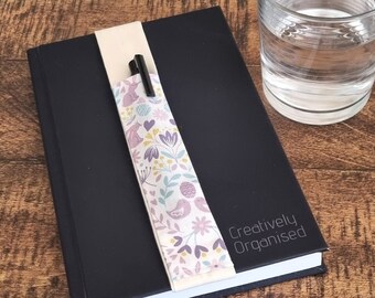 Elastic Penholder Birds Flowers Fabric, Elasticated Notebook Pen Pocket for Notebooks, Journals, Planners & Diaries, 2 Pen Pouch Strap A5/A4