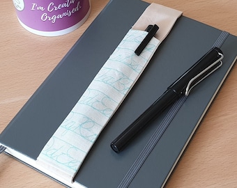 Blue Handwriting Fabric Pen Pocket Holder, A5 or A4 Elasticated Pen Pouch for Notebooks, Journals, Planners & Diaries, Space for 2 Pens
