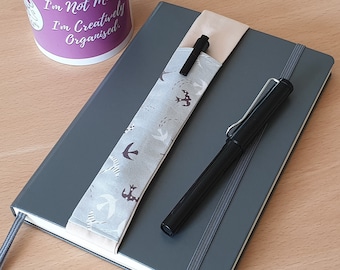 Grey Bird Pen Holder with Elasticated Fabric Strap for Notebooks, Elastic Pen Pocket for Journals, Planners & Diaries, Holds 2 Pens, A5 / A4