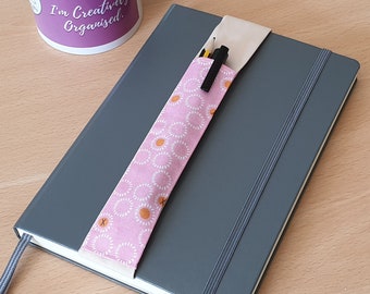Elastic Pen Holder Pink Circle Fabric, Elasticated Notebook Pen Pocket for Notebooks, Journals, Planners & Diaries, 2 Pen Pouch Band A5 / A4