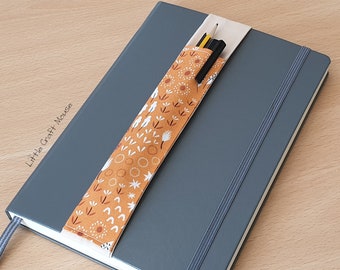 Elastic Pen Holder Orange with Leaves Fabric, Elasticated Notebook Pen Pocket for Notebooks, Journals, Planners & Diaries, Pen Pouch A5/A4