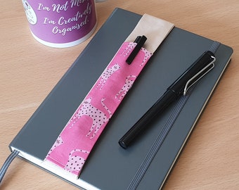 Elastic Pen Holder Pink Leopard Fabric, Elasticated Notebook Pen Pocket for Notebooks, Journals, Planners & Diaries, Pen Pouch Band, A5 / A4