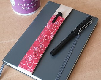 Elastic Pen Holder Red Circle Fabric, Elasticated Notebook Pen Pocket for Notebooks, Journals, Planners & Diaries, 2 Pen Pouch Strap A5 / A4