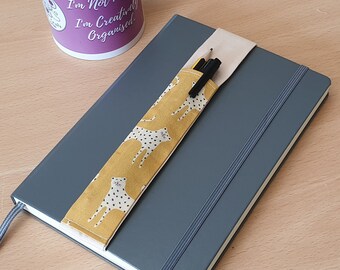 Elastic Pen Holder Yellow Leopard Fabric, Elasticated Notebook Pen Pocket for Notebooks, Journals, Planners & Diaries, Pen Pouch Strap A5/A4