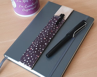 Notebook Pen Holder Black with White Squares Fabric Pocket, A5 or A4 Elastic Pen Holder for Notebooks, Journals & Diaries, Space for 2 Pens