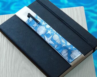Seashells Pen Holder with Elasticated Fabric Strap for Notebooks, Elastic Pen Pocket for Journals, Planners & Diaries, Holds 2 Pens, A5 / A4