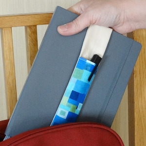 Blue Patterned Elastic Notebook Pen Holder, Elasticated Organiser Pen Pouch for Notebooks and Journals, Planners, Book Marker Holder, A5, A4