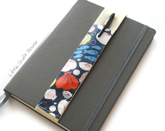 Elastic Pen Holder Blue Sea Creatures Fabric, Elasticated Notebook Pen Pocket for Notebooks, Journals, Planners & Diaries, 2 Pen Pouch A5/A4
