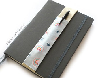 Elastic Pen Holder Rainbow Star Fabric, Elasticated Notebook Pen Pocket for Notebooks, Journals, Planners & Diaries, Pen Pouch Band, A5 / A4