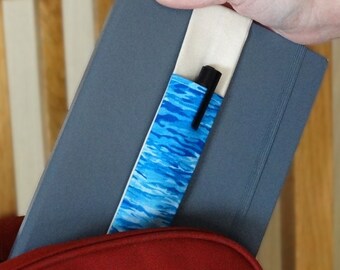Notebook Pen Holder with Blue Water Wave Fabric Pocket, A5 or A4 Elastic Pen Pouch for Notebooks, Journals & Diaries, Space for up to 2 Pens