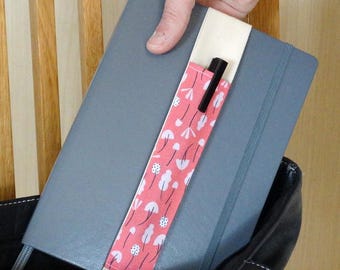 Pink Leaf Trees Fabric Elastic Pen Holder, A5 or A4 Elasticated Notebook Pen Pocket for Journals, Planners & Diaries, Space for up to 2 Pens