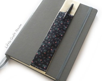 Elastic Pen Holder Black Pink Rose Fabric, Elasticated Notebook Pen Pocket for Notebooks, Journals, Planners & Diaries, Pen Pouch Band A5/A4