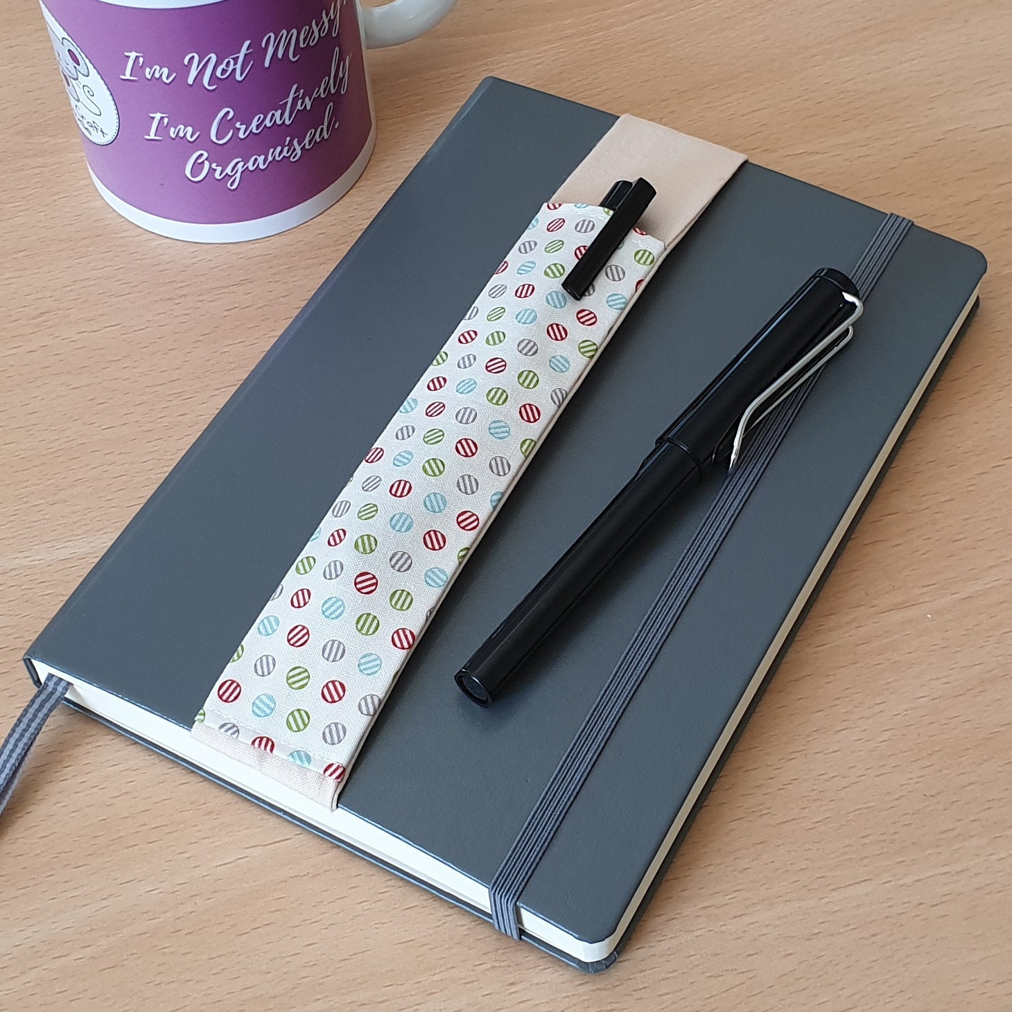 Elastic Pen Holder Stripy Dot Fabric, Elasticated Notebook Pen Pocket
