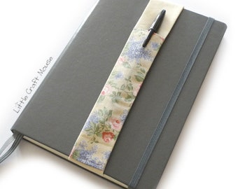 Elastic Pen Holder Cream Flowery Fabric, Elasticated Notebook Pen Pocket for Notebooks, Journals, Planners & Diaries, Pen Pouch Strap A5/A4