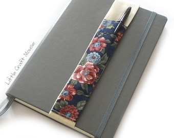 Flowery Pen Holder with Elasticated Fabric Strap for Notebooks, Elastic Pen Pocket for Journals, Planners and Diaries, Holds 2 Pens, A5 / A4