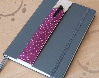 Notebook Pen Holder Plum with White Squares Fabric Pocket, A5 or A4 Elastic Pen Holder for Notebooks, Journals & Diaries, Space for 2 Pens