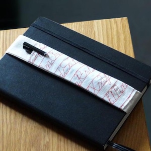 Red Handwriting Fabric Pen Pocket Holder, A5 or A4 Elasticated Pen Pouch for Notebooks, Journals, Planners & Diaries, Space for 2 Pens
