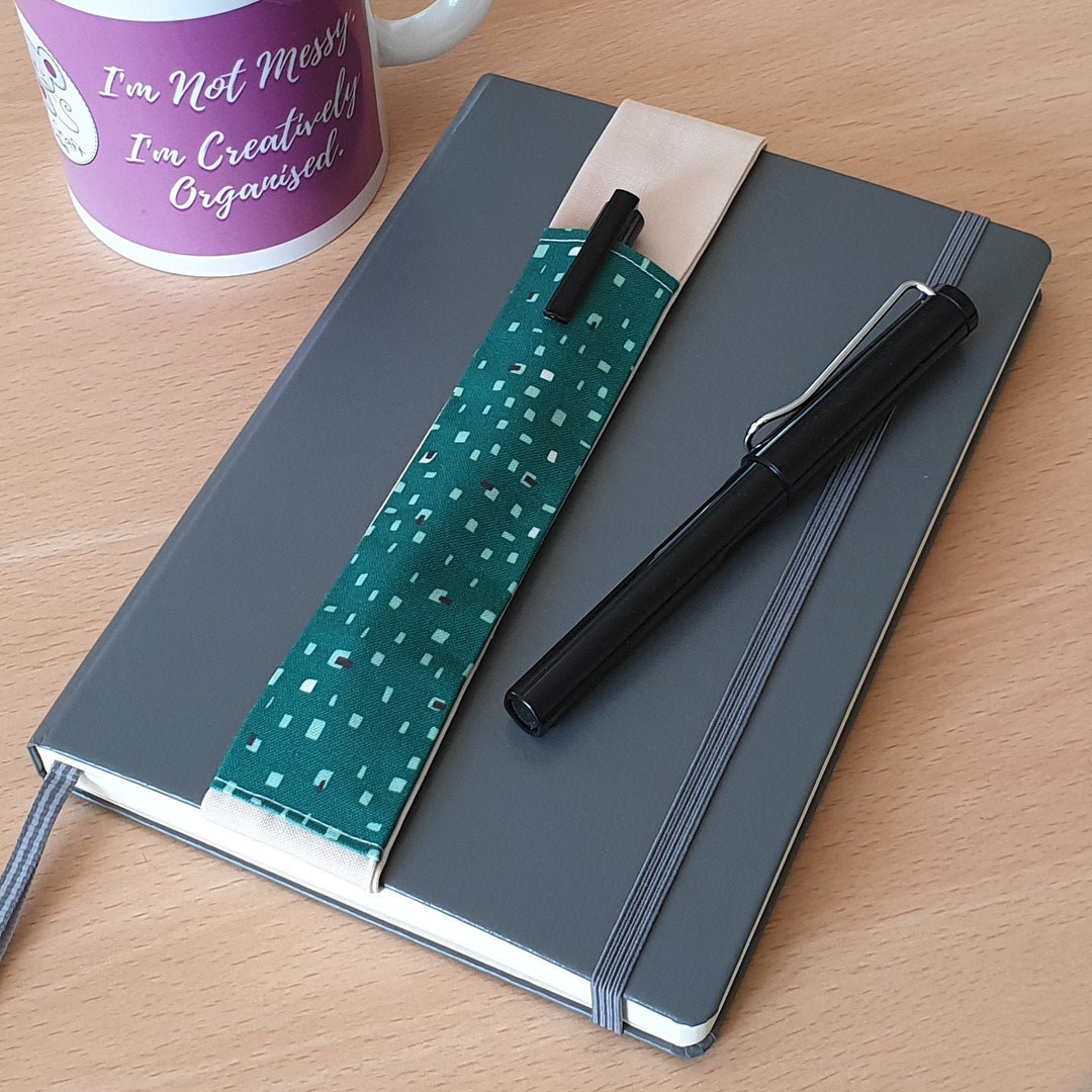 Elastic Pen Holder Green With White Squares Fabric, Elasticated