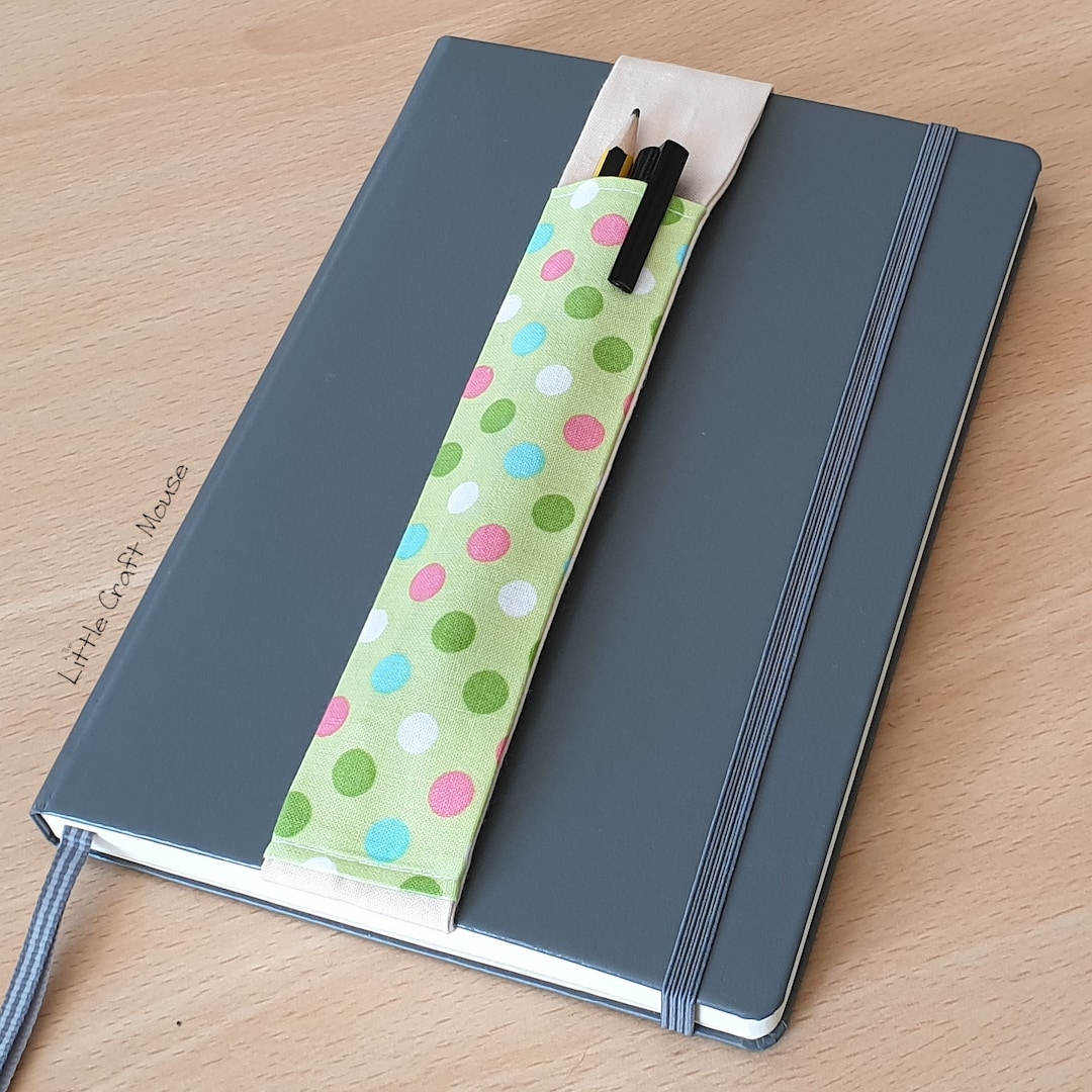Elastic Pen Holder Green Spotty Fabric, Elasticated Notebook Pen Pocket