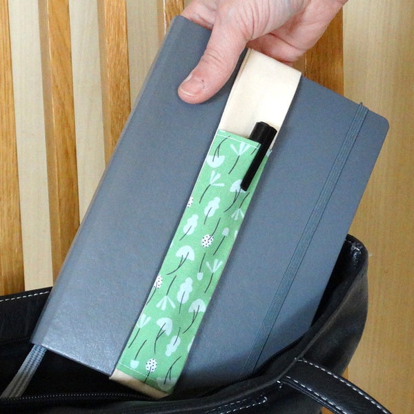 Green Leaf Tree Holder with Elasticated Fabric Strap for Notebooks, Elastic Pen Pocket for Journals, Planners & Diaries, Holds 2 Pens, A5/A4