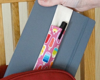 Ice Lollies Illustration Fabric Elastic Notebook Pen Holder, Elasticated Pen Pocket for Journals, Planners & Diaries, Pen Pouch Strap A5/A4