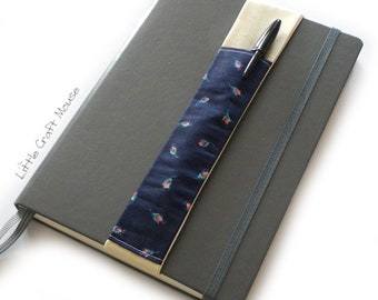 Blue with Pink Buds Fabric Elastic Notebook Pen Holder, Elasticated Pen Pocket for Journals, Planners & Diaries, 2 Pen Pouch Strap A5/A4