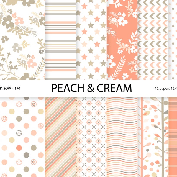 Peach Digital Paper pack, Digital paper Coral, Floral paper, 12 digital papers in peach tones - BR 170