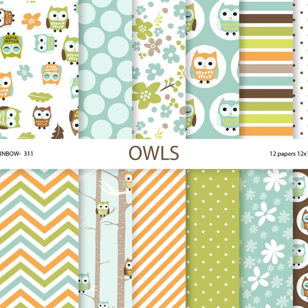 Owl digital paper pack, owl scrapbook paper, owls, owl paper, scrapbook supplies - BR 311
