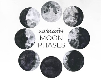 Watercolor Moon Phases, Lunar Chart Clip Art, Digital Download Moon Chart Lunar Phases, Moon Clipart, Watercolor Lunar Clip Art, Moon Art