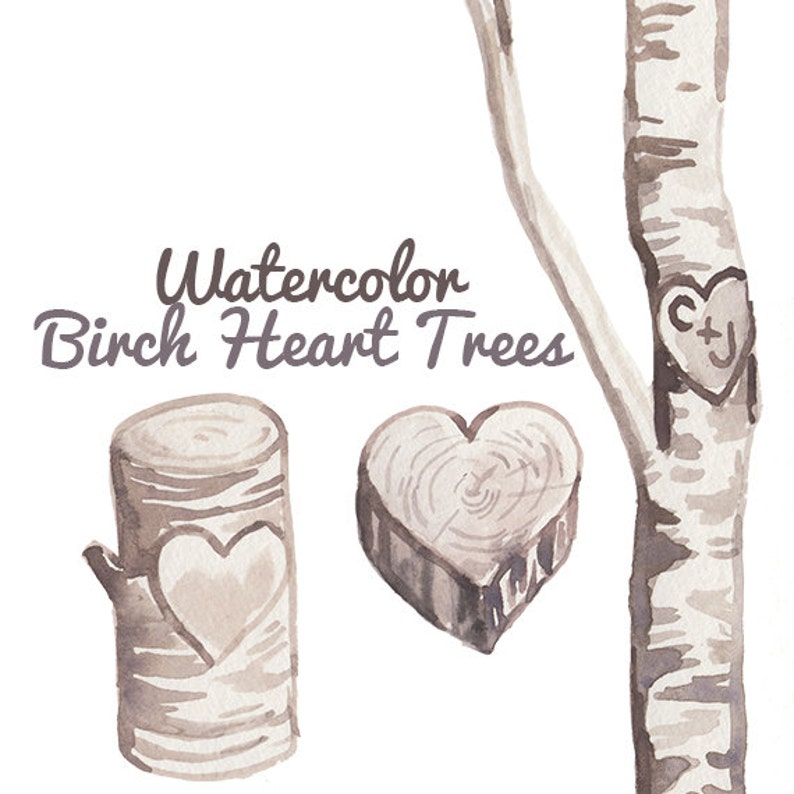 Custom Watercolor Birch Heart Trees Carving Clipart Wedding | Etsy