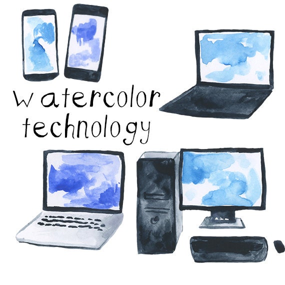 watercolor computers and technology cell phone clip art pack etsy