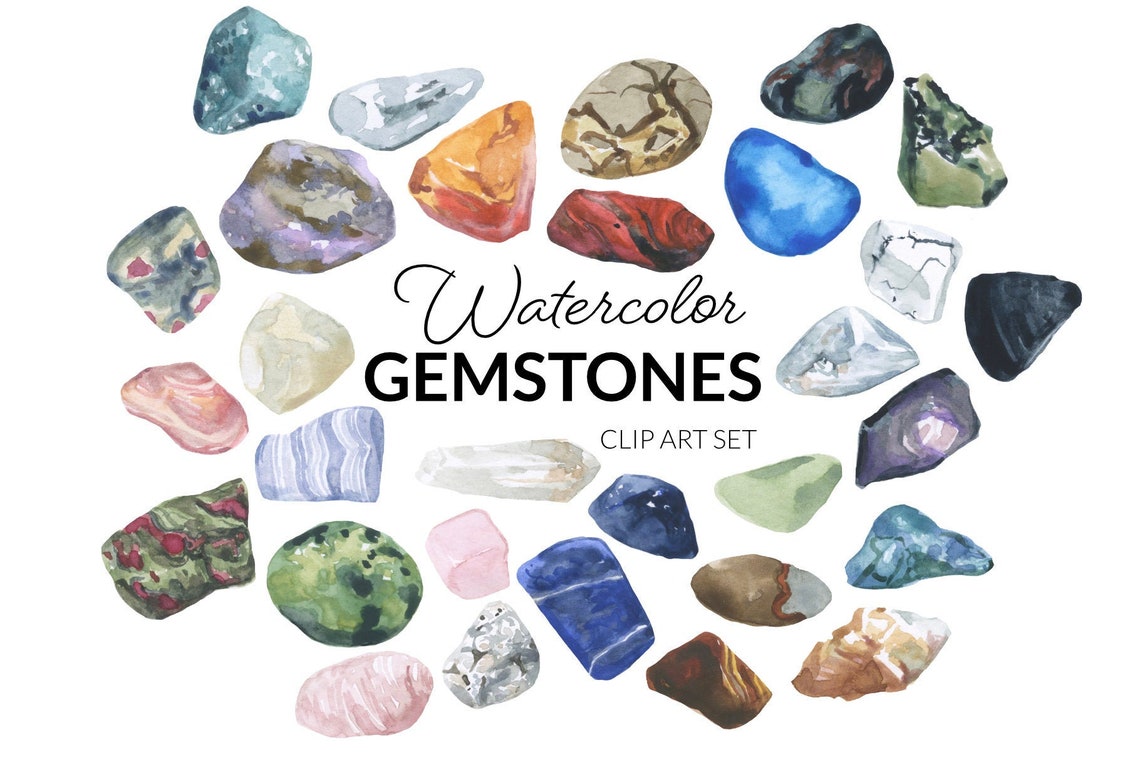 Watercolor Gemstones Illustration Rocks Precious Minerals Clip Etsy