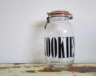 Vintage Clear Glass Cookie Jar - Black Typography with Wire Bail Clamp Lid - Triomphe France 3 Litre