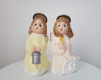 Pair of Ceramic Angels - Hand Painted 80s Pastel Pink Yellow - Religious Figurines - Angel Collection