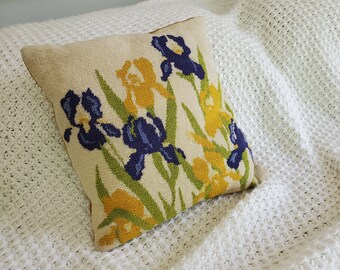Vintage Throw Pillow - Needlepoint and Velvet - Yellow Gold with Purple and Yellow Irises