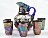 Northwood Cobalt Blue Pitcher and Glasses Carnival Glass Tumbler Iridescent Fenton Set