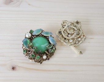 Midcentury Brooches VTG Costume Jewelry Pins Aqua Jade Green Brooch Lot