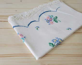 Vintage Pillowcase Floral Embroidery White Cotton Standard Pillow Case VTG Embroidered with Pastel Flowers Crocheted Scalloped Edges