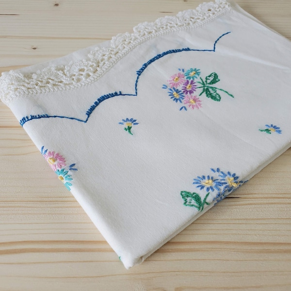 Vintage Pillowcase Floral Embroidery White Cotton Standard Pillow Case VTG Embroidered with Pastel Flowers Crocheted Scalloped Edges